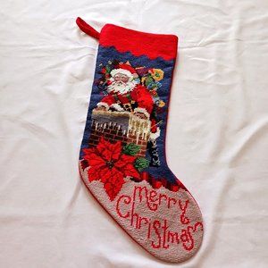 Needlepoint Christmas Stocking Santa Merry Christmas Petit Completed Chimney